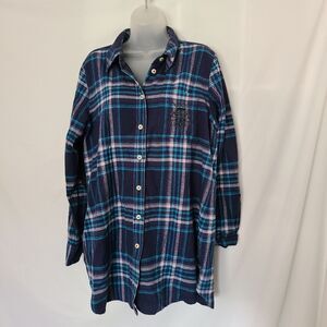 Soft Surroundings Blue Fab Plaid Flannel Tunic Shirt with Crest pocket‎